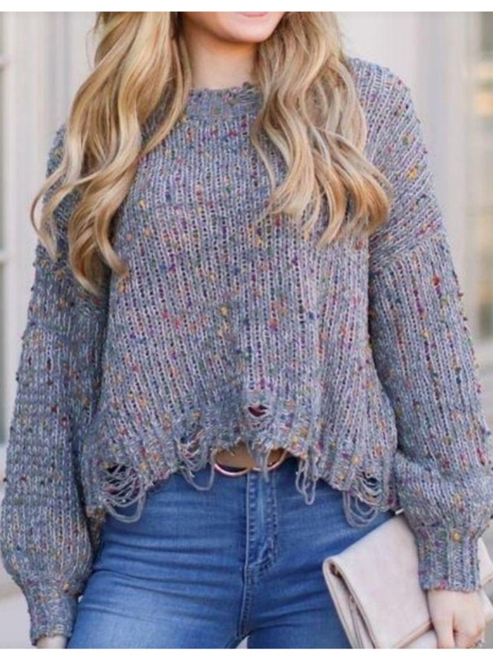 POL Distressed Confetti Gray Sweater size S